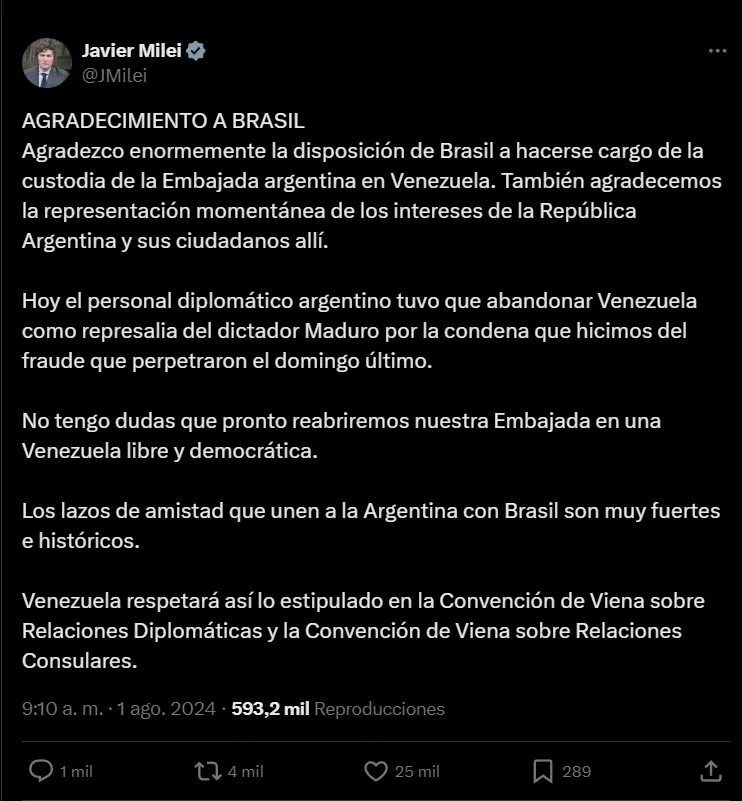 Milei agradece a Brasil